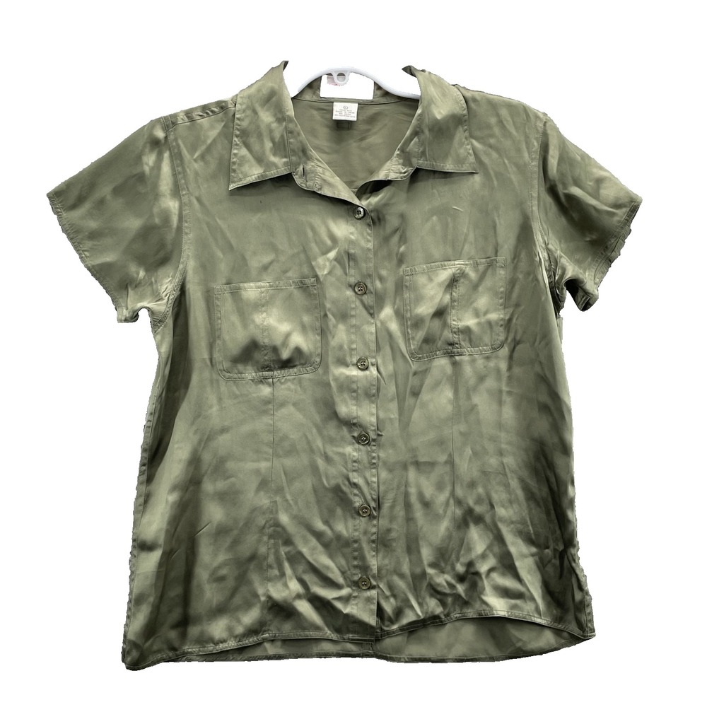 Cristina 100% Silk Blouse Large Olive Green Office Casual Cocktail Y2k 90s Disco